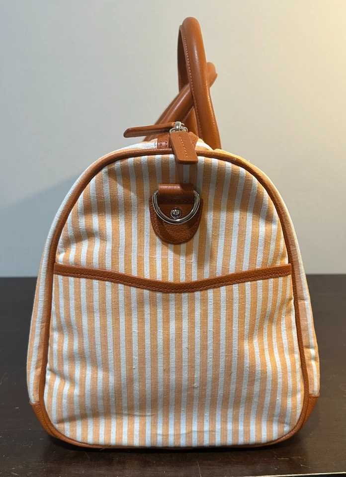 NEW Coca-Cola Rare Canvas Orange Cream Striped Zipper Leather Duffle Bag 18” - Image 3 of 4