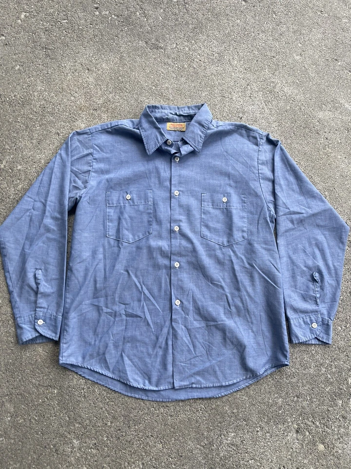 Camisa de Trabajo Big Yank Vintage Cambray XL Poli Algodón Abotonada Ribete Denim Foto 2 de 4