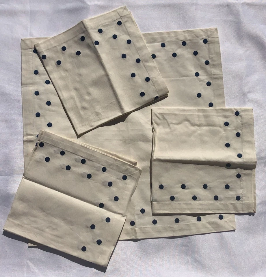 4 Pottery Barn Cream w/Blue Polka Dots Embroidered Cocktail Dinner Party - Image 4 of 4