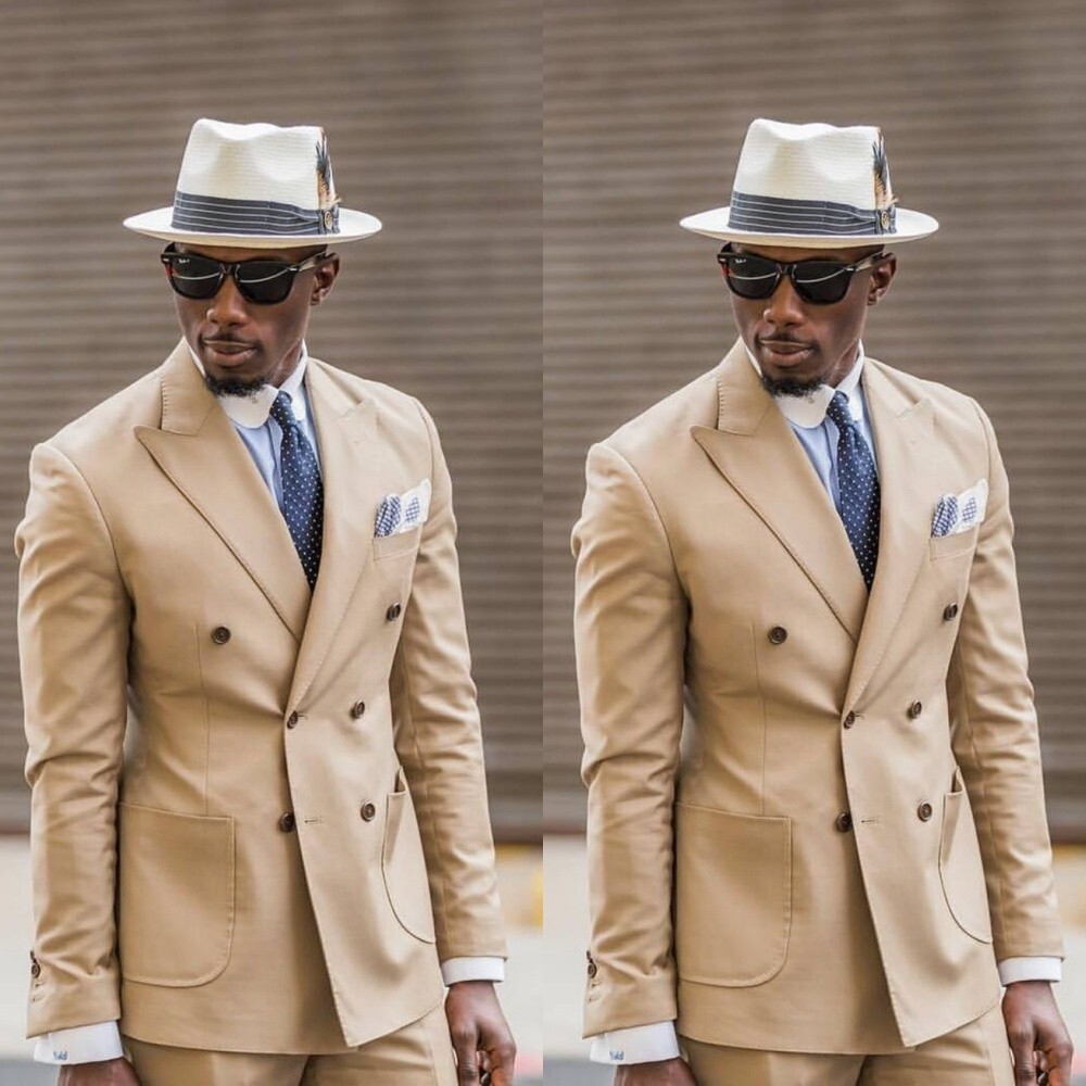 Khaki 2 Pcs Men's Suits Peak Lapel Wedding Groom Double Breasted Formal Tuxedos