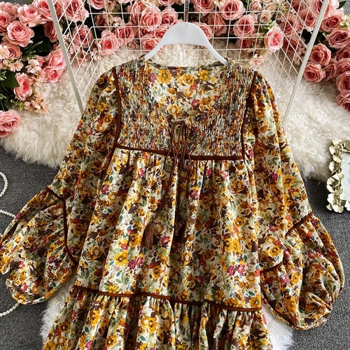 Lady Boho Floral Mini Dress Long Sleeve Loose Cottagecore Hippie Gypsy Swing - Picture 7 of 13