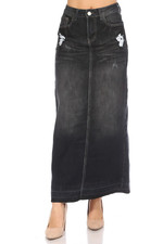 Women's Juniors/Plus Size Long A-Line Stretch Denim Ripped Maxi Skirt