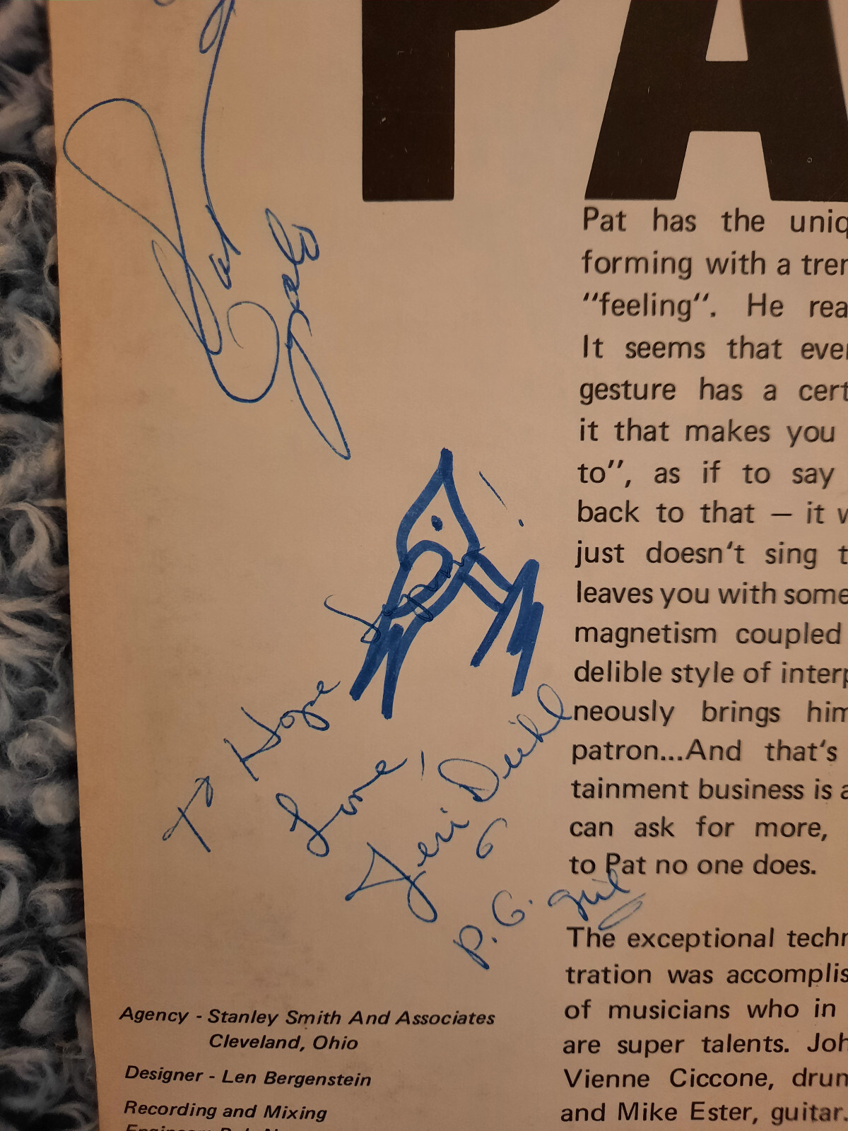 Pat Galo: Live at the Blue Grass. 1973. Vinyl Record Album LP. E2C4S. Signed!