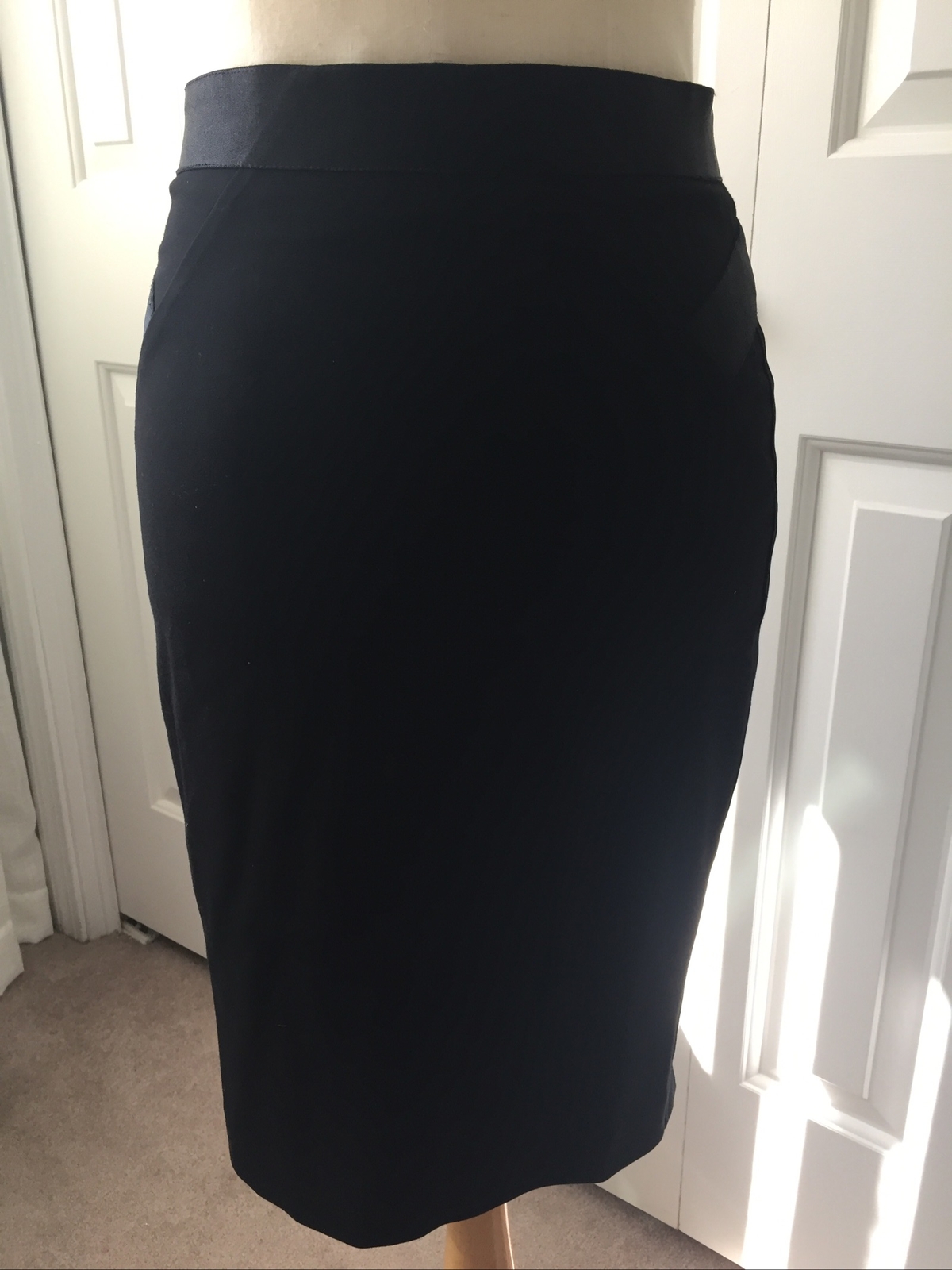 BEBE Skirt Pencil Midi Womens Sz 4 Black Satin Tr… - image 1