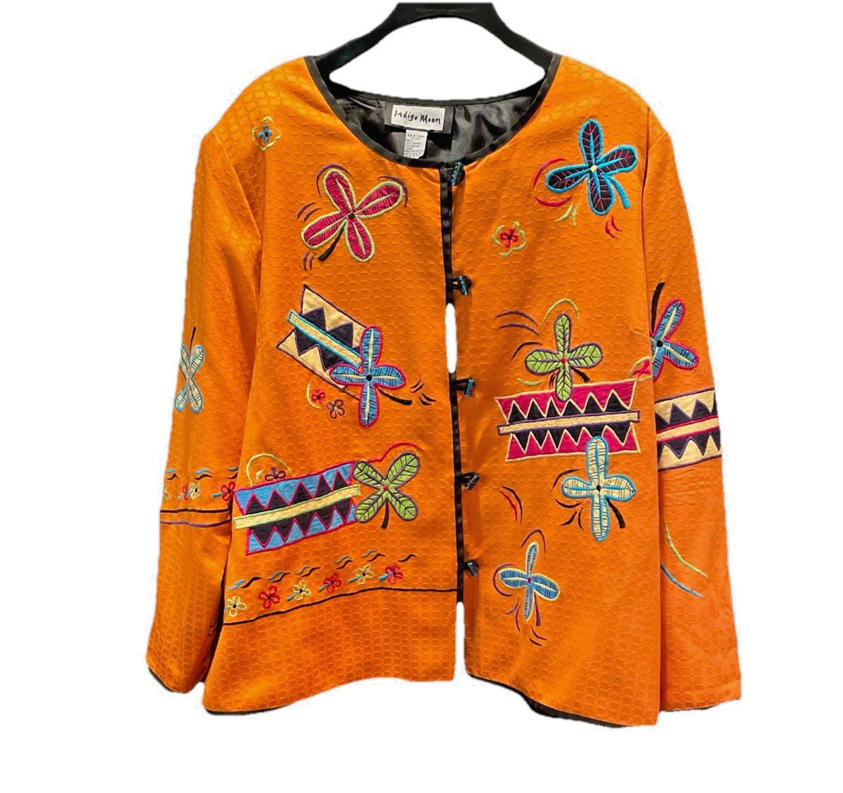 Indigo Moon Jacket Womens 2X Orange Embroidered Classic Lagenlook Boho Work Boxy
