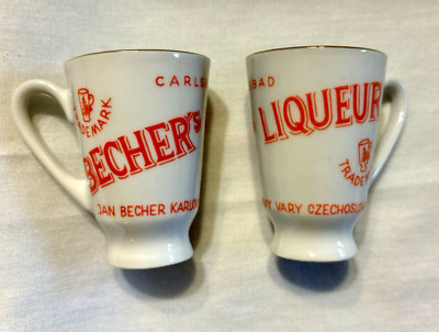 2 Vintage Carlsbad Becher's Liqueur Shot Glasses Cups Jan Karlovy Vary Czech