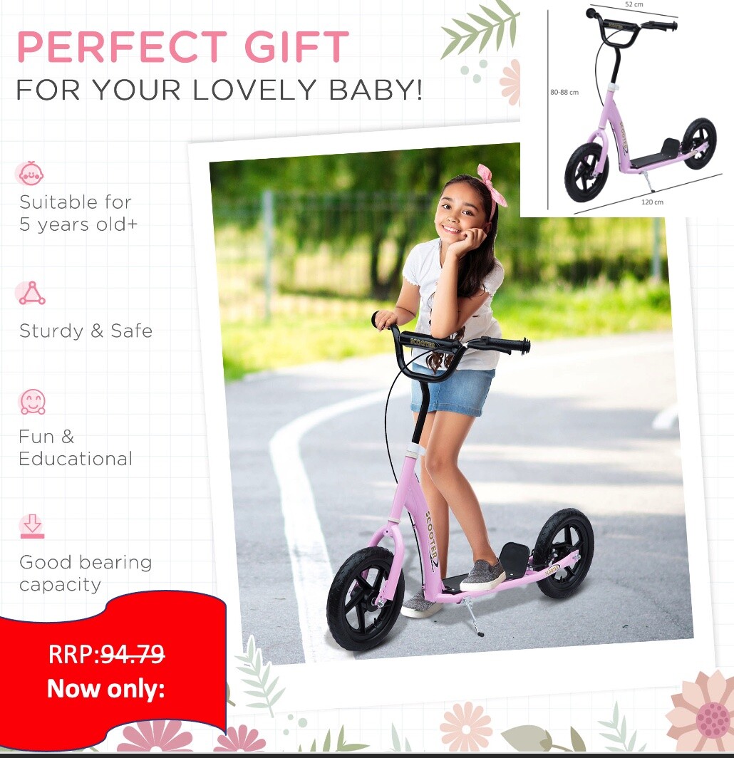 Push Scooter Teen Kids Stunt Bike Ride On with 12"" EVA Tyres, Pink HOMCOM
