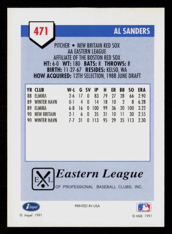 Al Sanders 1991 Line Drive AA #471 New Britain Red Sox Baseball Card - Image 2 of 2