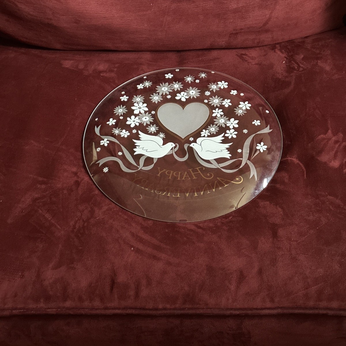 Happy Anniversary Clear 13” glass plate w/gold Lettering, Doves