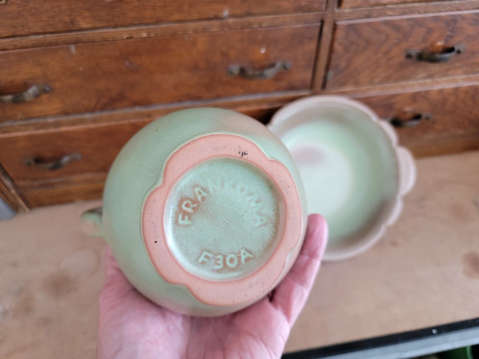 Vintage Frankoma Glazed Pottery Pitcher & Bowl Set MCM Prairie Green