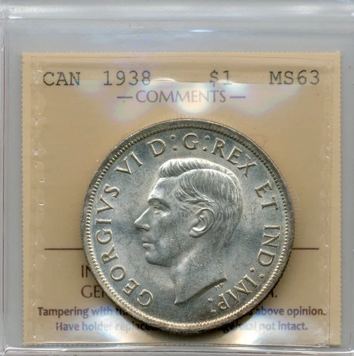 1938 Canada Silver Dollar - Choice Uncirculated, ICCS MS 63