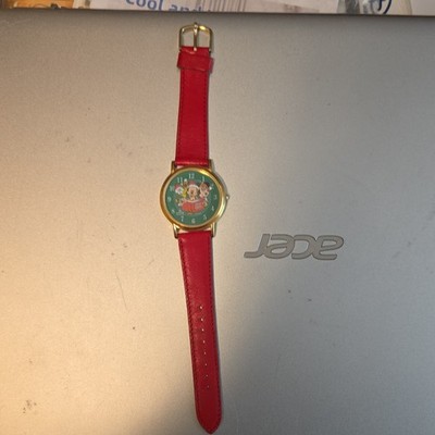 Lorus Quartz Disney Mickey Minnie Goofy Green Dial Red Leather Strap Watch 28mm