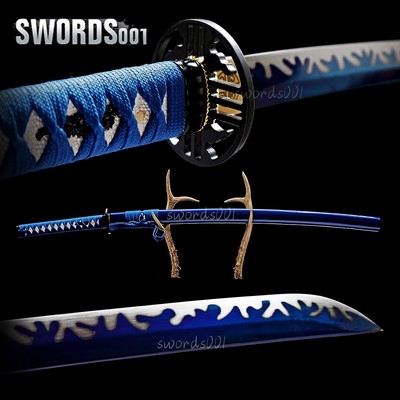 Elegant Blue Japanese Sword Samurai Katana Carbon Steel Sea Wave Pattern Blade 