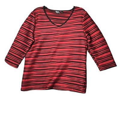 Onque Casual Women's Large Red Black Striped Textured 3/4 Sleeve V-Neck Top