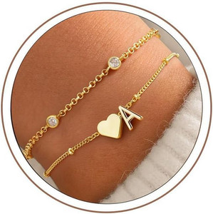 Authentic Heart Initial Bracelets for Teen Girls - 14K Gold Plated Layered Initial Bracele