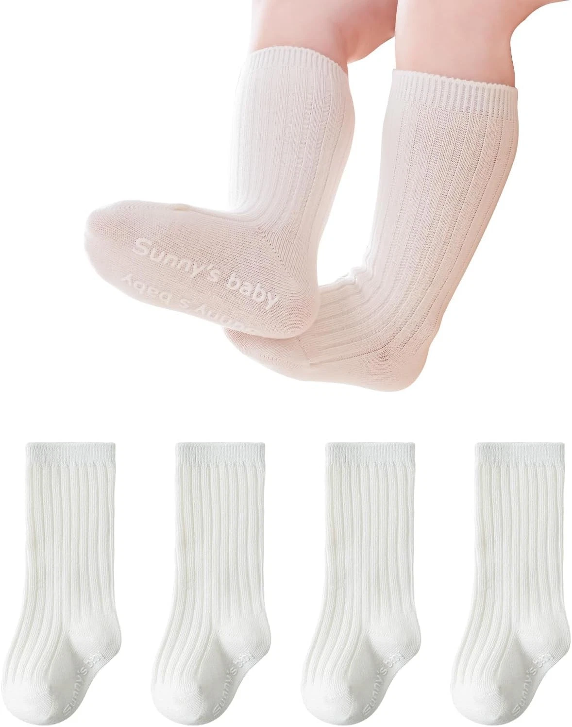 Zumou Toddler Knee High Socks Non Slip Anti Skid Baby Boy 1-3T, 4 Pairs White