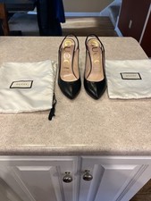GUCCI SYLVIE WEB SLINGBACK BLACK LEATHER 3.25" HEELS PUMP SHOES 36