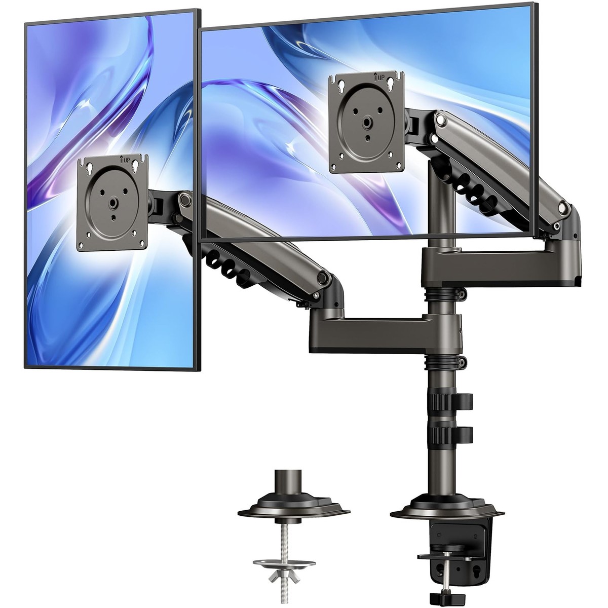 HUANUO Dual Monitor Stand voor 2 Monitoren tot 32 inch, Elke Arm Houdt Max 10kg, Verstelbare Dual Monitor Arm Bureau Mount met Kantel/Draai/Roteer, VESA 75x75 of 100x100, 2 Montage Opties
