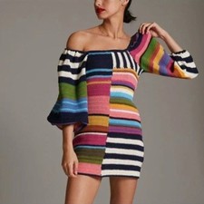 Farm Rio Mixed Stripes Crochet Mini Dress Chunky Knit Multicolor Size Large