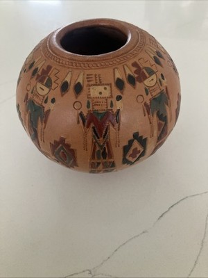 Novajo Seed Pot Made By Irene N Ken White Featuring Hand Etched Yei Figures