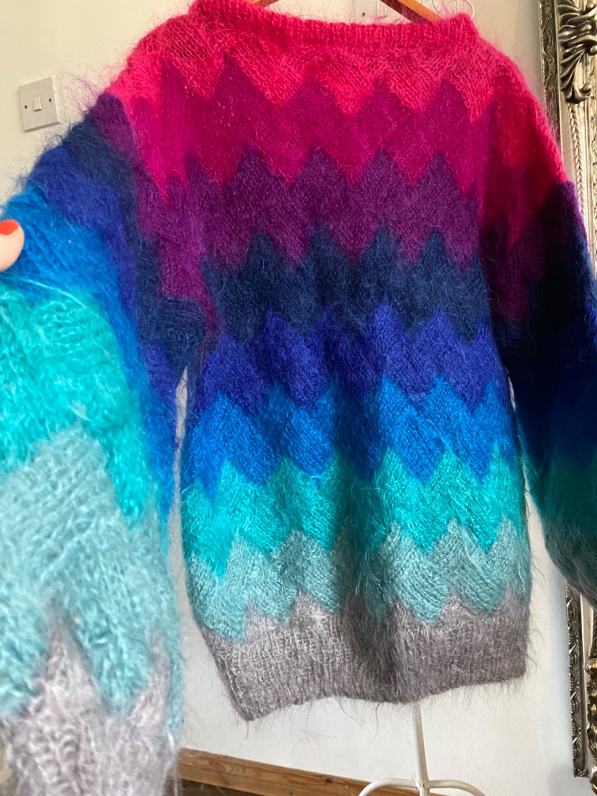 Mohair Sweater Fuzzy Entrelac hand knitted oversized jumper Neon Rare!! Fab image 4