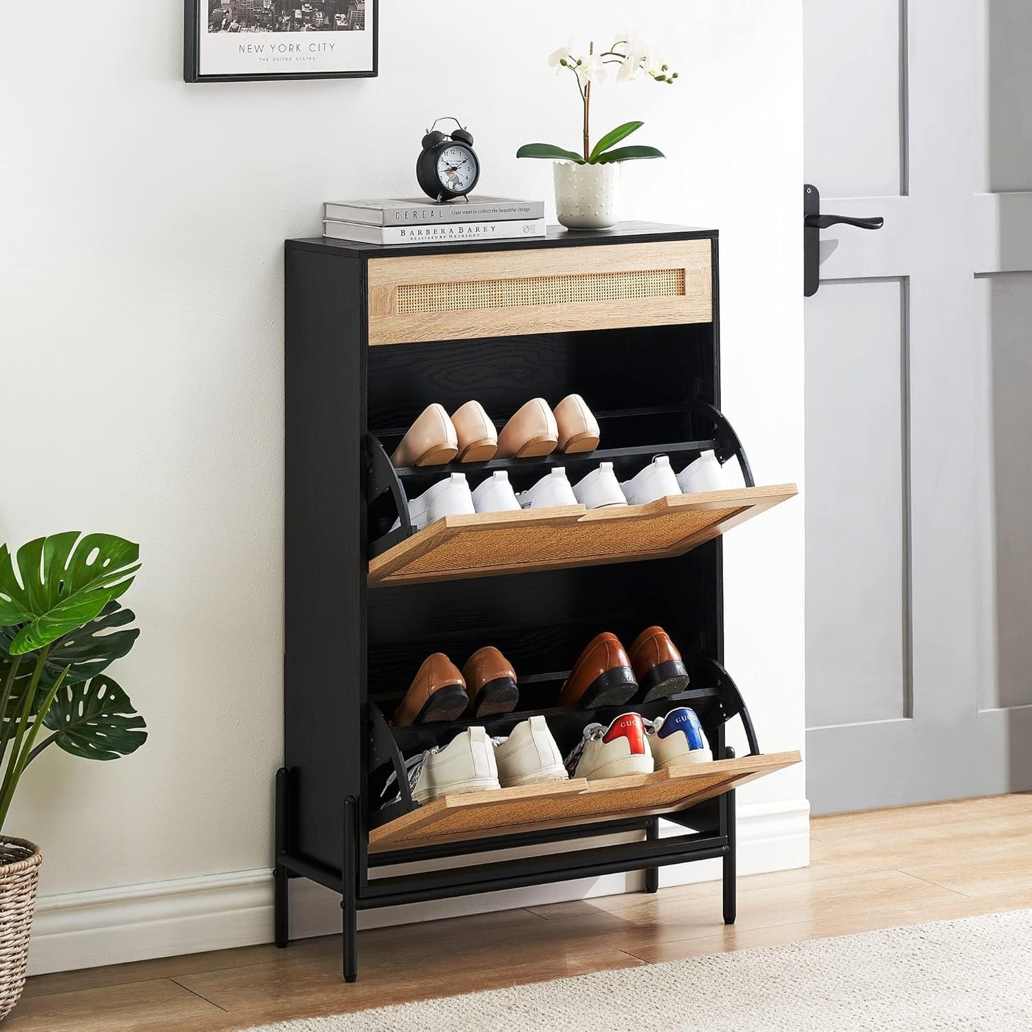 Natural Rattan Flip Down Shoe Rack with Drawer Free-Standing Shoe Cabinet Storage