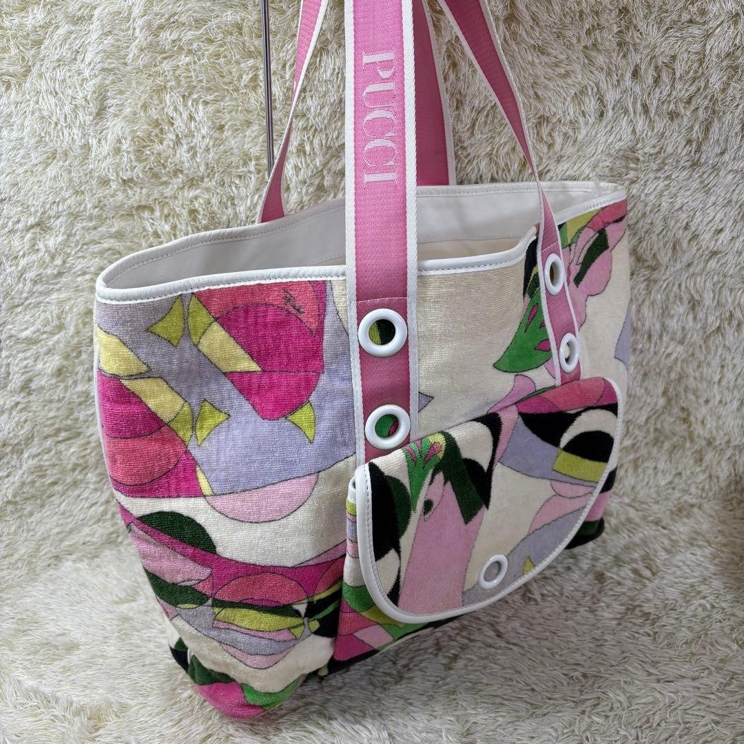Emilio Pucci Tote Bag Terry Cloth Multicolor Print Logo Strap