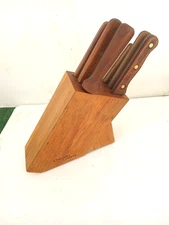 Chicago Cutlery Made in USA 6pc Walnut Kitchen Set ~ Wood Block/Knives/Sharpener