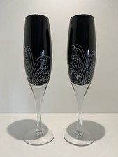 Denby Monsoon Chrysanthemum Champagne Flutes. Set of 2. Boxed. Black/Silver