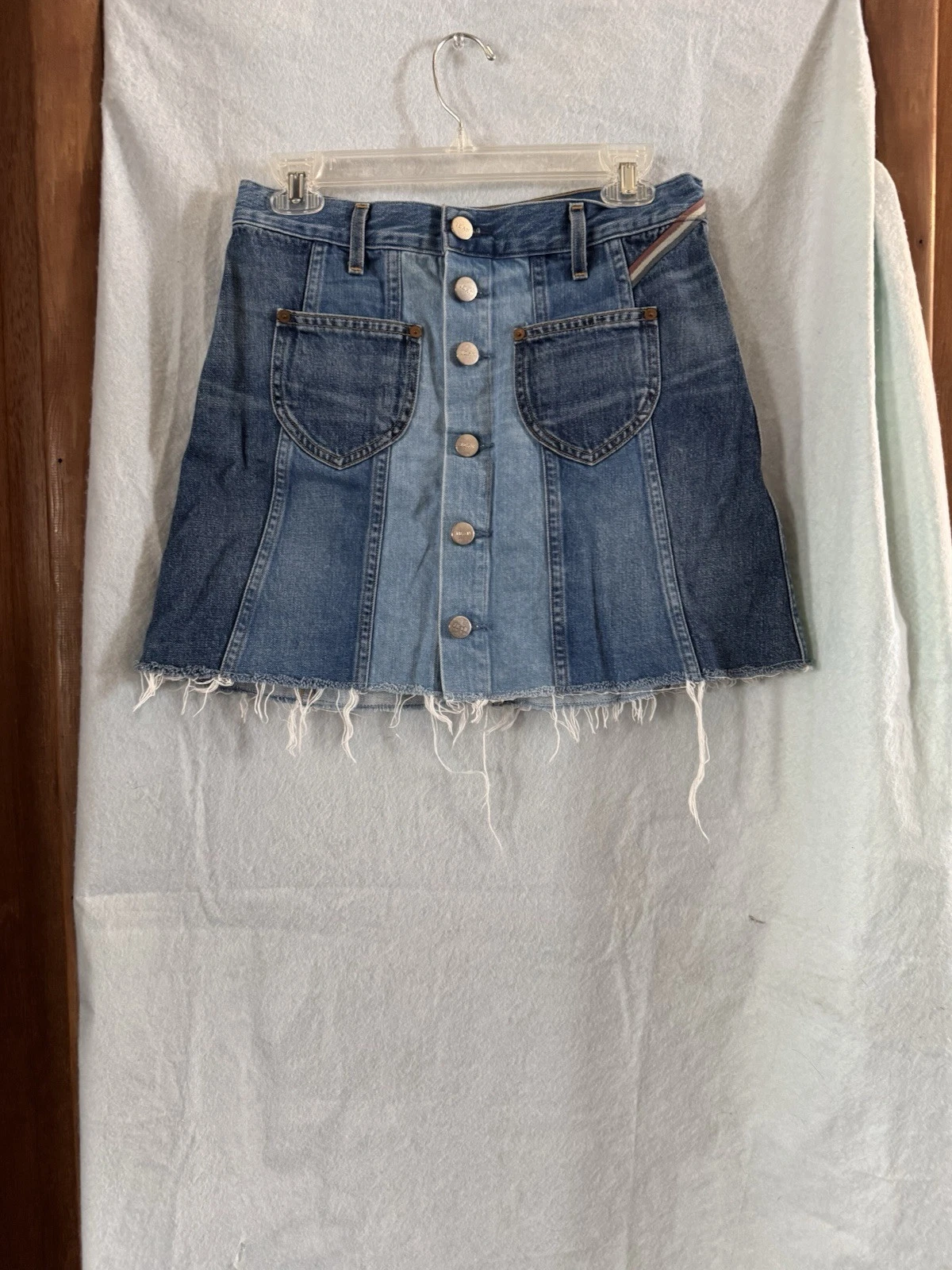JEAN ATELIER Women Jean Mini Skirt Tri Color Button Closure Up The Front Size 28