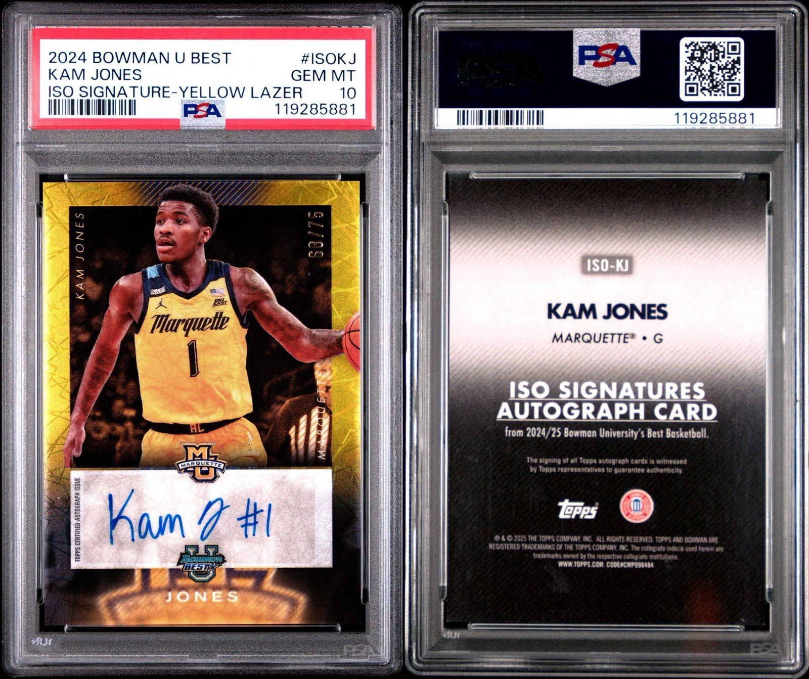 2024 BOWMAN U BEST KAM JONES /75 ISO SIGNATURE-YELLOW LAZER POP 1 PSA 10