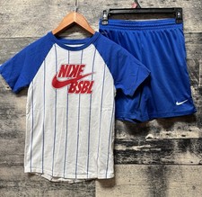 Nike Baseball Boys 2pc Shirt Shorts Set Size 10/12 M Medium Blue White