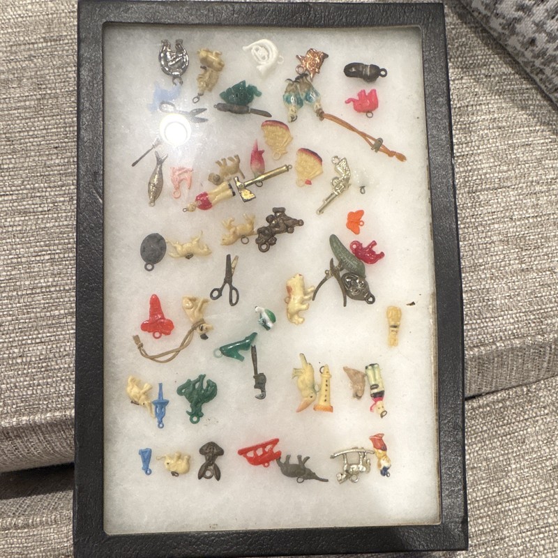 Antique Multicolor Cracker Jack Toy Prize Charm Lot Framed Display Vintage Charm