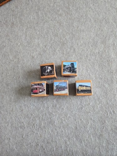 5 Collectible wooden blocks with images of 1st Steam locomotives, diesel engines