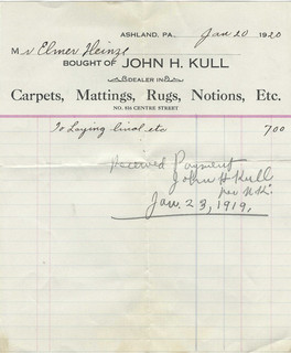 1920 Advertising Invoice John Kull Ashland PA Carpet Rugs Notions