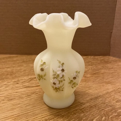 Vintage Uranium Fenton Custard Satin Glass Vase With Hand Painted Flowers Signed