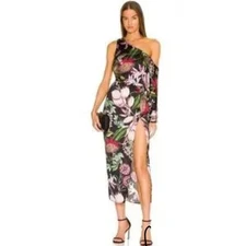 Katie May Walk This Way Dark Floral Side Cut Out Asymmetrical Midi Dress Medium