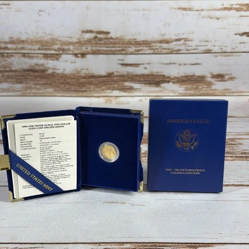 1990 Proof American Gold Eagle 1/10 oz $5 Coin Box Included Scratch Damaged Box