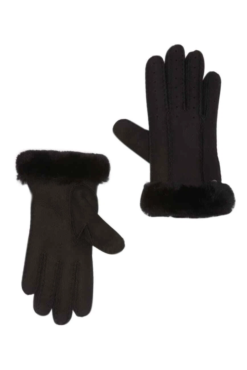 NWT UGG Australia Perforated 2 Point Leather Gloves Shearling Cuff Black Large