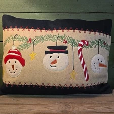 Primitive Snowman & Candy Cane Wool Felt Pillow – Christmas Winter Holiday Decor