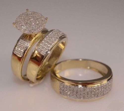 His Her 14K Yellow Gold Over Lab Created Diamond Trio Wedding Set Bridal Ring