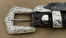 Antique Vintage Unbranded Western Sterling Silver Ranger Belt Buckle Set & Belt