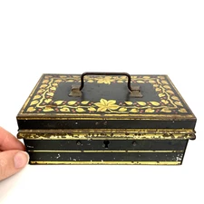 Antique Metal Bankers Box with Tray Tin Litho Gold Leaves