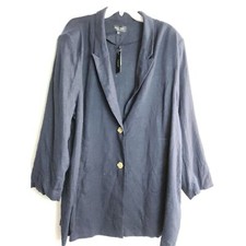 Nwt Arna York Women Navy Blue Linen Mid Length Single Breasted Blazer Size 22/24