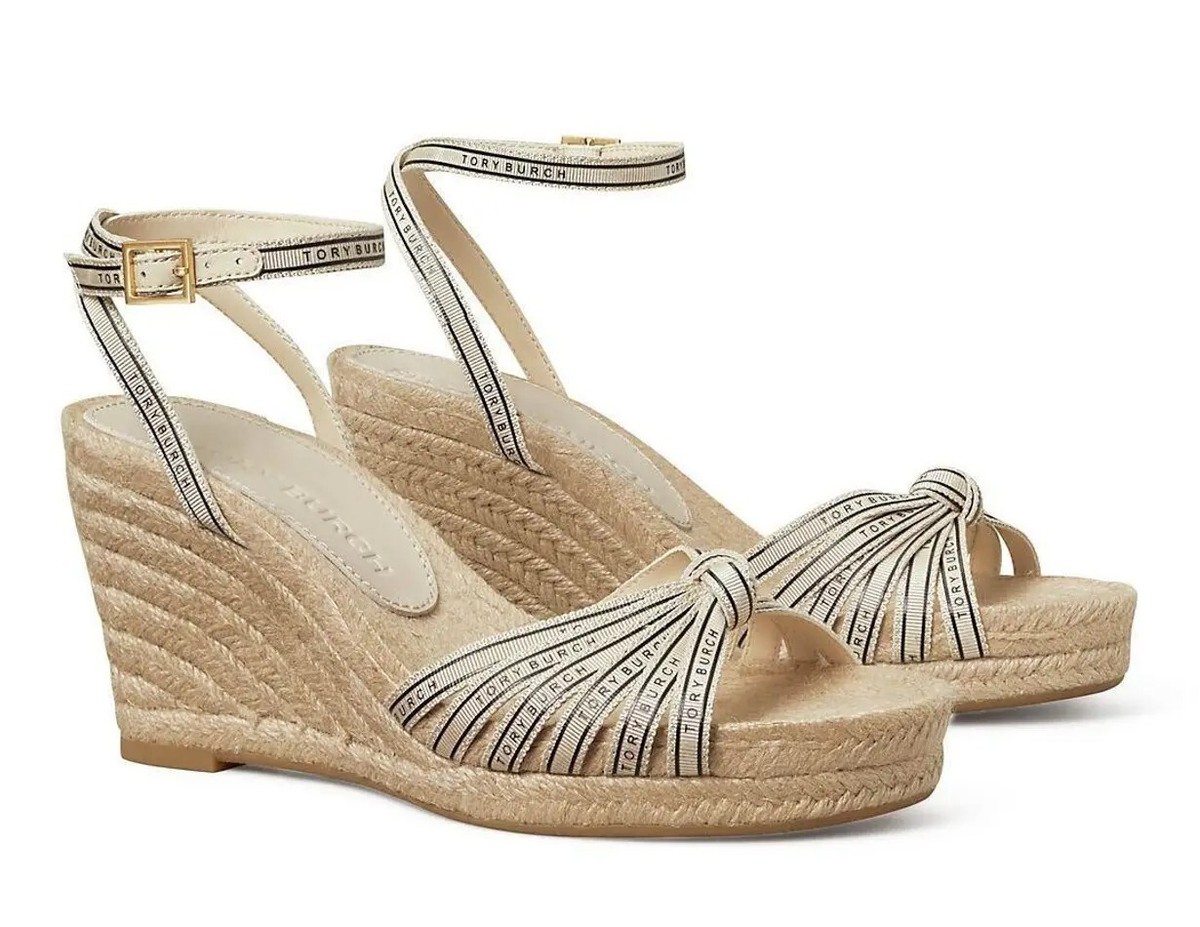 Tory Burch White Beige Logo Ribbon Wedge Espadrille Platform