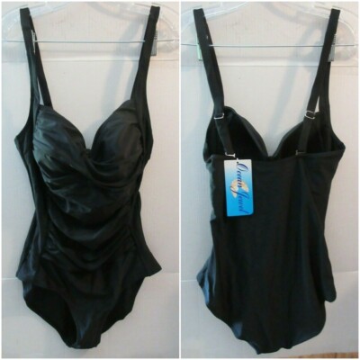 NWT Ocean Jewel Solid Black Shirred Size 16 One Piece Sexy Swimsuit Adj Straps