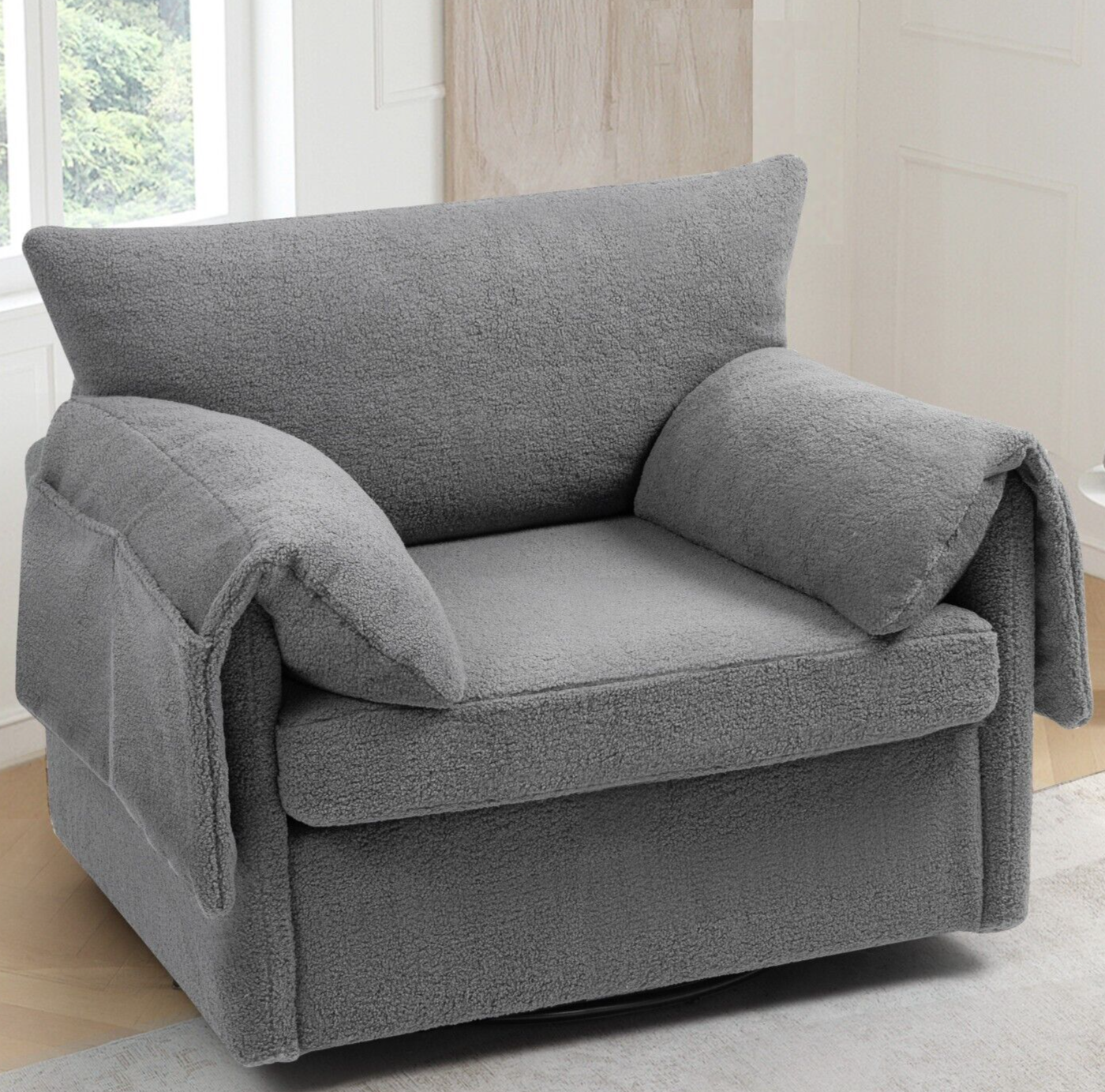 Oversized Swivel Accent Armchair with Plush Teddy Upholstery and Single Sofa Design  