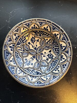 Antique Moroccan Ceramic Dish Bowl Adorned With A Silver Filigree From Fez