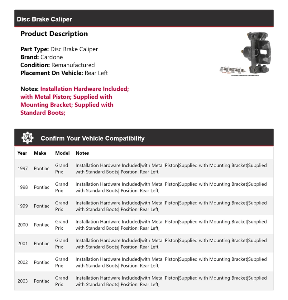 Para 1997-2003 Pontiac Grand Prix pinça de freio a disco traseira esquerda Cardone 1998 1999 - Imagem 2 de 4