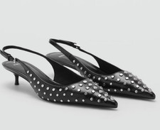NEW MANGO MNG 90 BLACK STUDDED KITTEN HEEL SLINGBACK PUMPS SHOES SZ 40 US 9